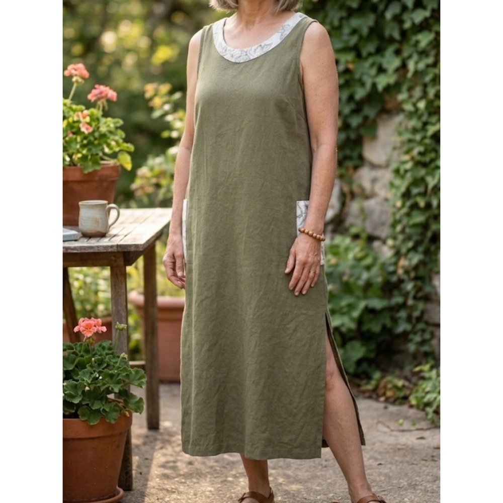 F.A.D Made in USA Size 1X‎ 100% Linen Lagenlook Maxi Shift Dress Pockets Resort